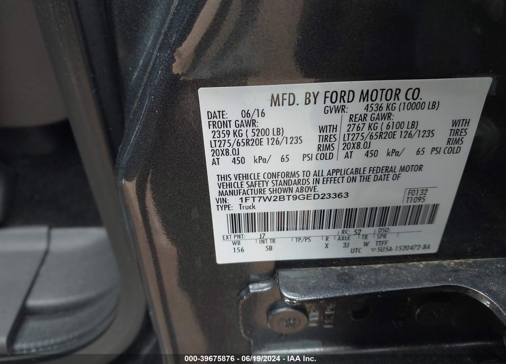 2016 FORD F-250 LARIAT VIN: 1FT7W2BT9GED23363
