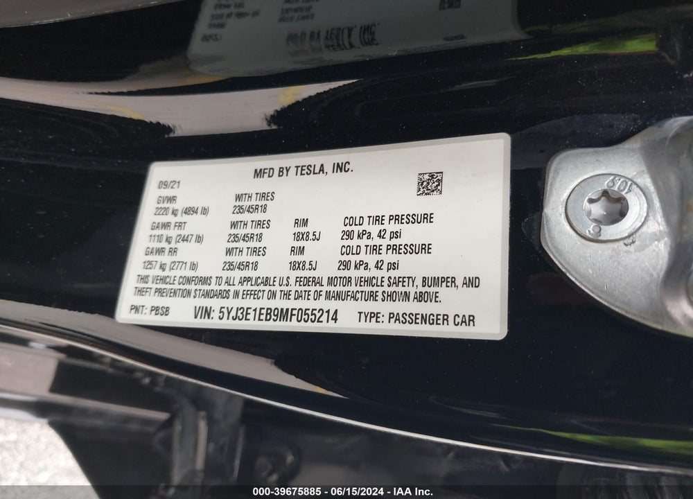 2021 TESLA MODEL 3 LONG RANGE DUAL MOTOR ALL-WHEEL DRIVE VIN: 5YJ3E1EB9MF055214