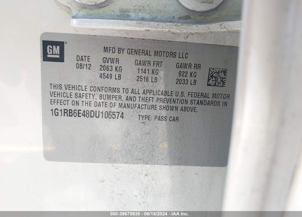 2013 CHEVROLET VOLT VIN: 1G1RB6E48DU106574