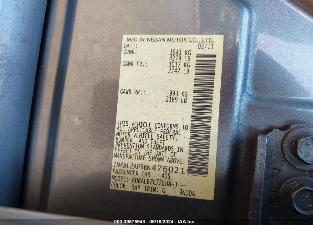 2011 NISSAN ALTIMA 2.5 S VIN: 1N4AL2AP9BN476021