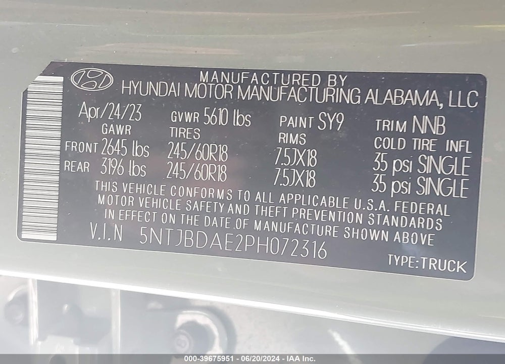 2023 HYUNDAI SANTA CRUZ VIN: 5NTJBDAE2PH072316