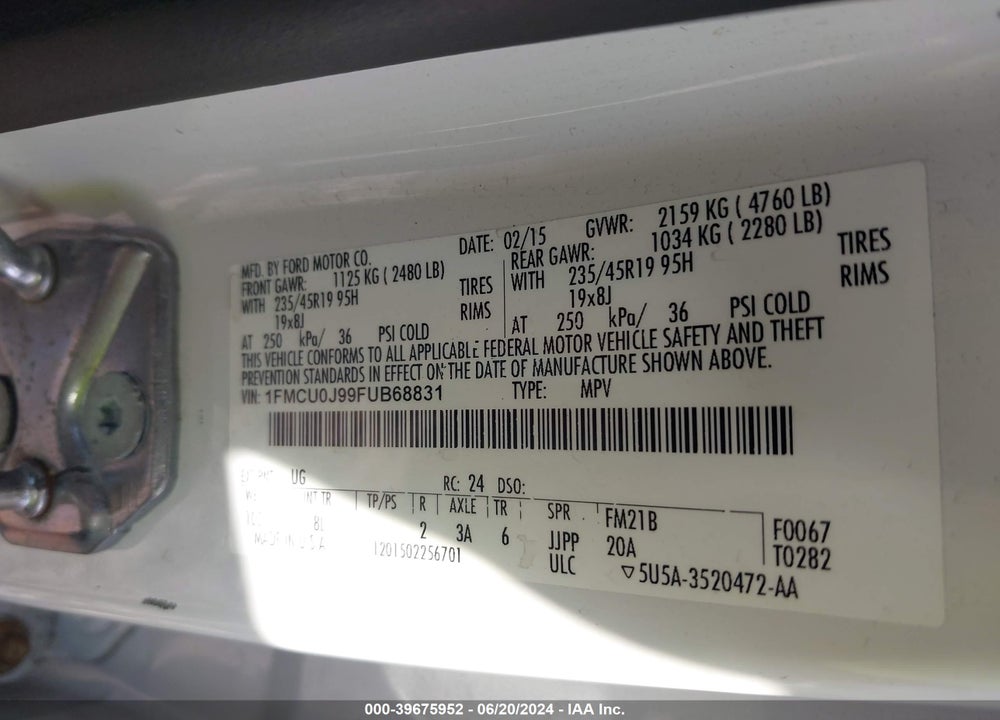 2015 FORD ESCAPE TITANIUM VIN: 1FMCU0J99FUB68831
