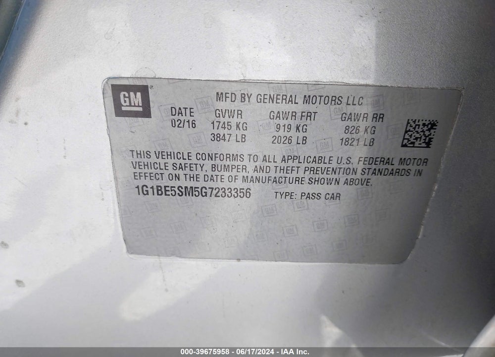 2016 CHEVROLET CRUZE LT AUTO VIN: 1G1BE5SM5G7233356