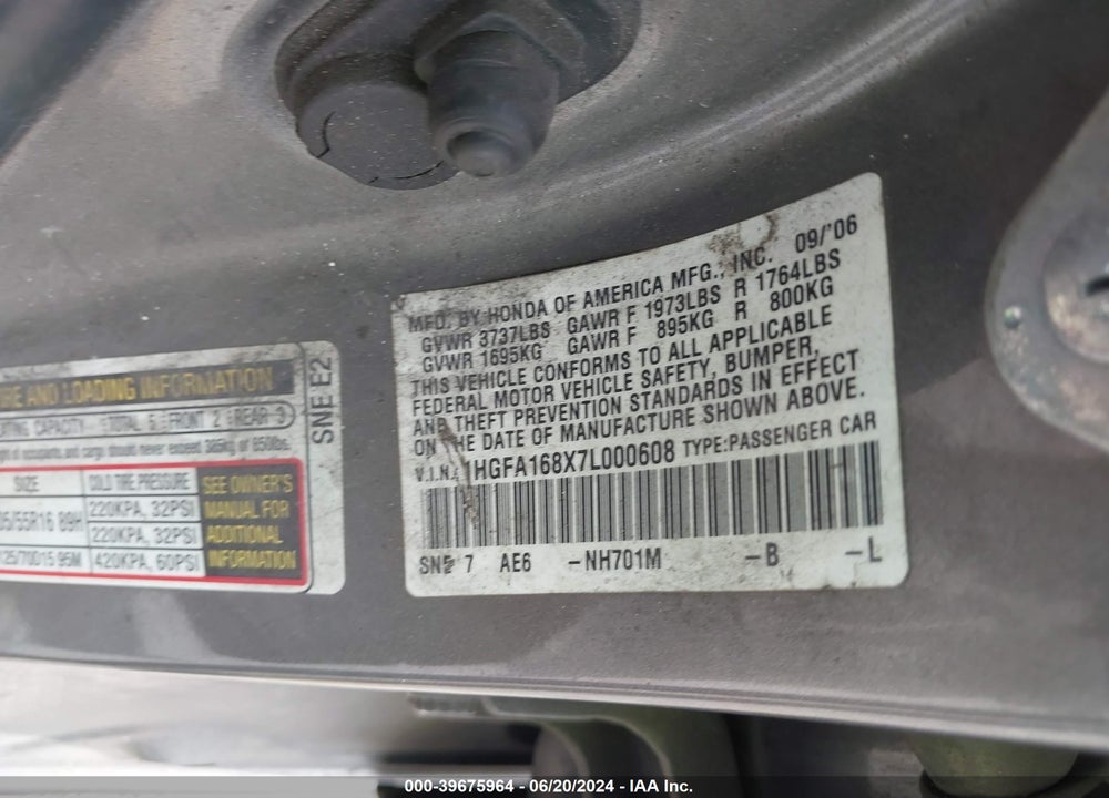 2007 HONDA CIVIC EX VIN: 1HGFA168X7L000608