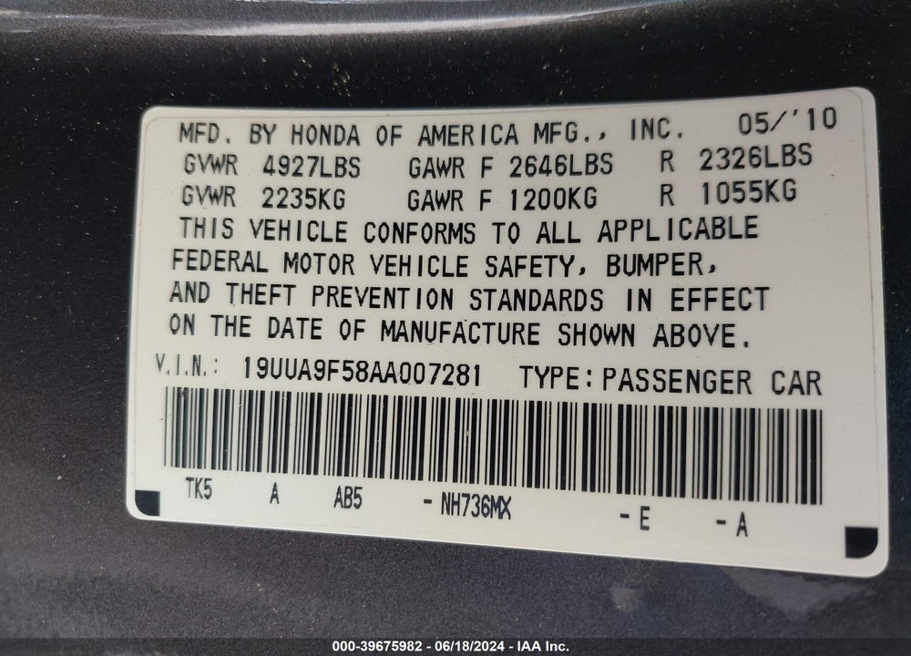2010 ACURA TL 3.7 VIN: 19UUA9F58AA007281