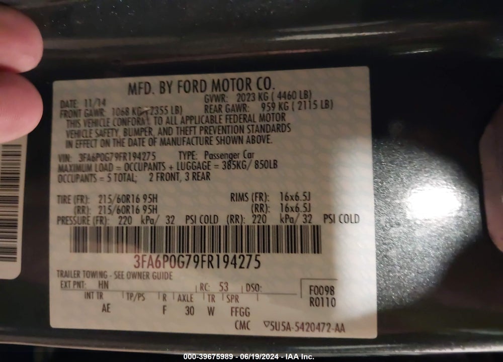 2015 FORD FUSION S VIN: 3FA6P0G79FR194275