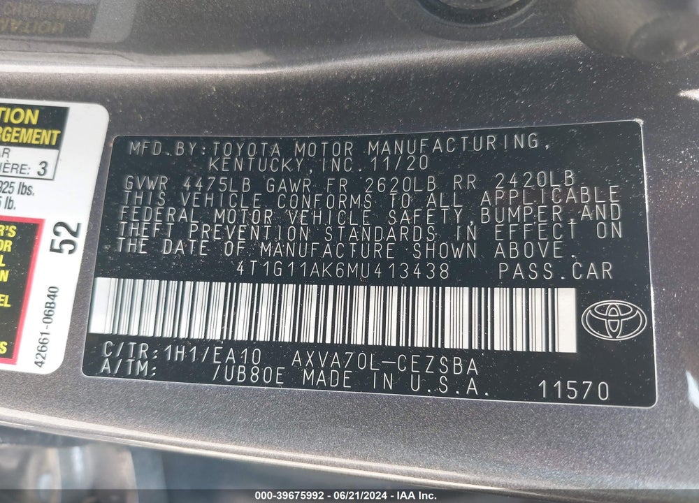 2021 TOYOTA CAMRY SE VIN: 4T1G11AK6MU413438