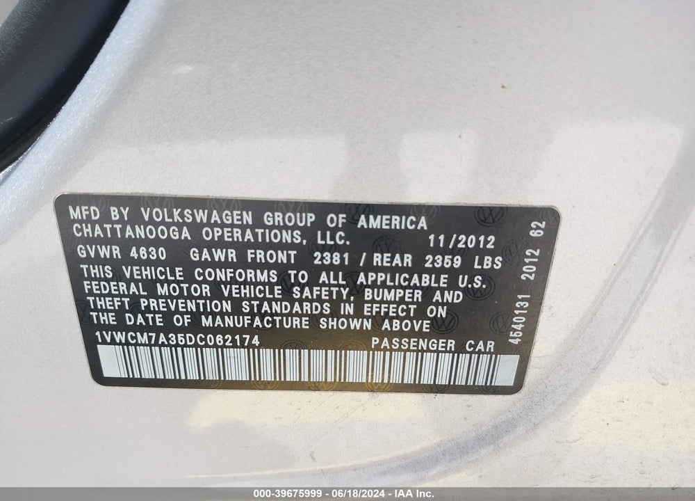 2013 VOLKSWAGEN PASSAT 3.6L V6 SEL PREMIUM VIN: 1VWCM7A35DC062174