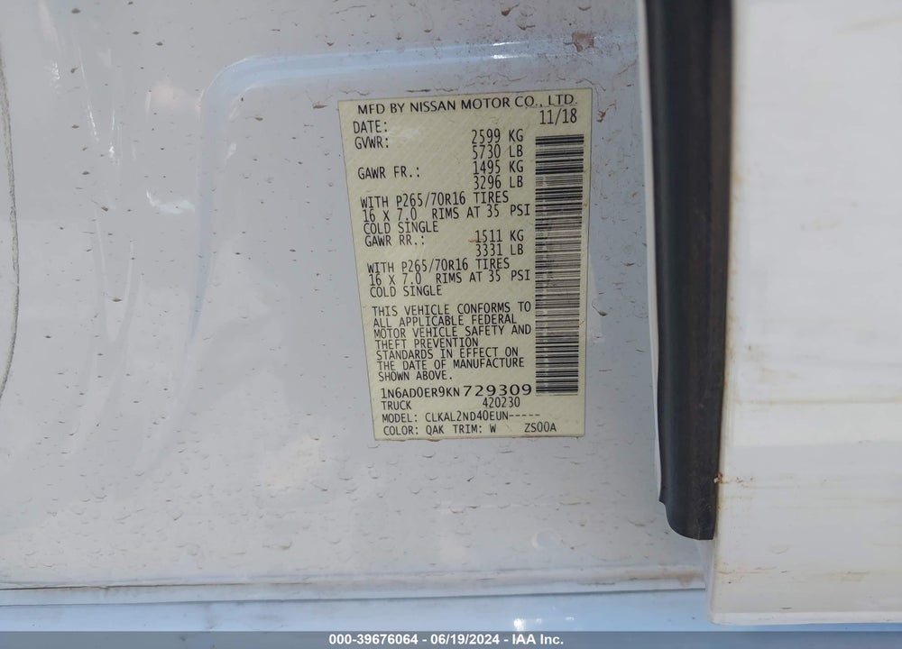 2019 NISSAN FRONTIER SV VIN: 1N6AD0ER9KN729309