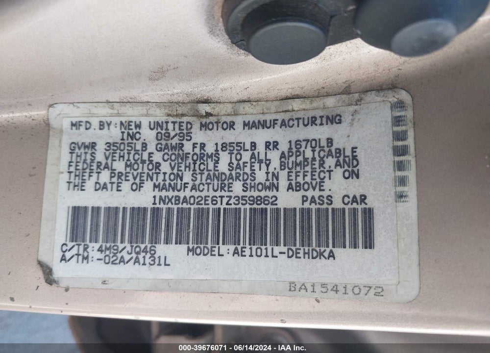 1996 TOYOTA COROLLA VIN: 1NXBA02E6TZ359862