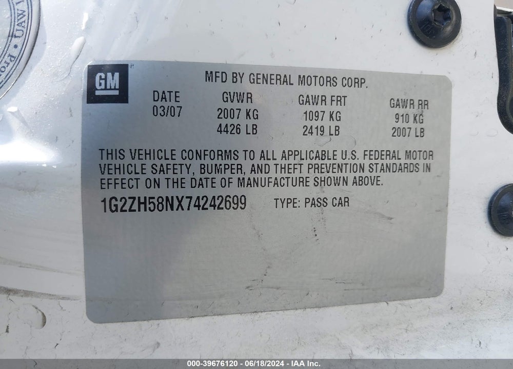 2007 PONTIAC G6 GT VIN: 1G2ZH58NX74242699