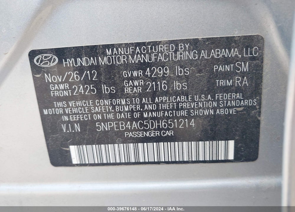 2013 HYUNDAI SONATA GLS VIN: 5NPEB4AC5DH651214