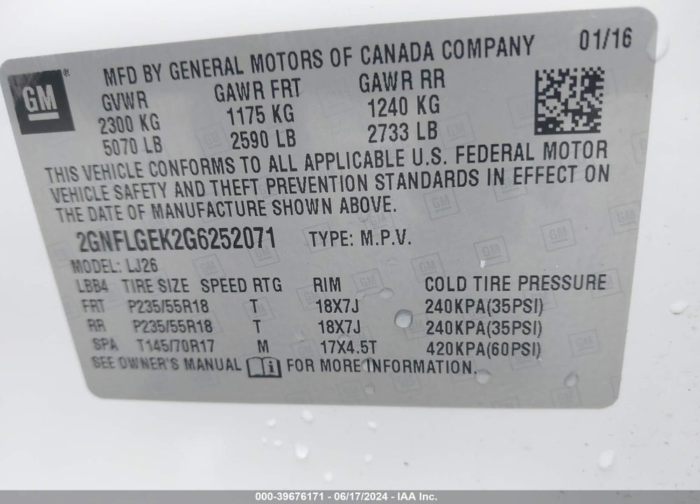2016 CHEVROLET EQUINOX LTZ VIN: 2GNFLGEK2G6252071