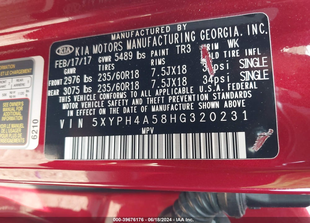 2017 KIA SORENTO 3.3L EX VIN: 5XYPH4A58HG320231