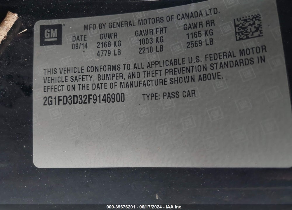 2015 CHEVROLET CAMARO 1LT VIN: 2G1FD3D32F9146900