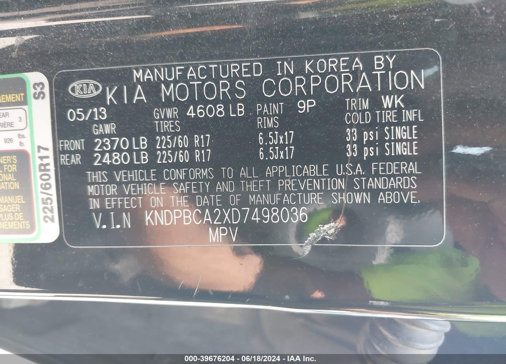 2013 KIA SPORTAGE LX VIN: KNDPBCA2XD7498036