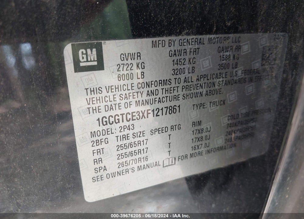 2015 CHEVROLET COLORADO Z71 VIN: 1GCGTCE3XF1217861
