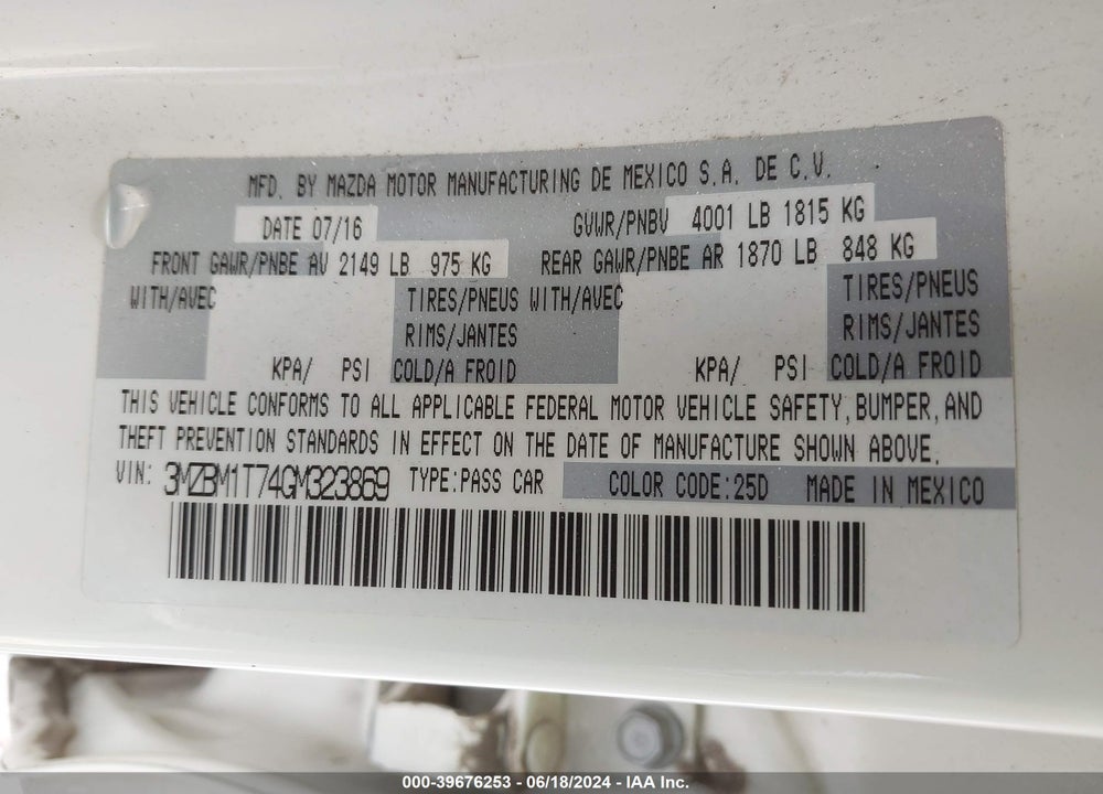 2016 MAZDA 3 I SPORT VIN: 3MZBM1T74GM323869