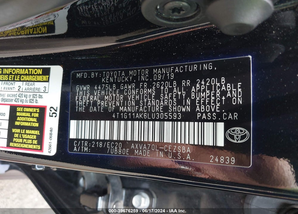2020 TOYOTA CAMRY SE NIGHTSHADE EDITION VIN: 4T1G11AK6LU305593