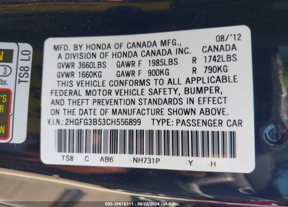 2012 HONDA CIVIC VIN: 2HGFG3B53CH556899