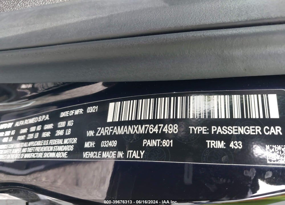 2021 ALFA ROMEO GIULIA RWD VIN: ZARFAMANXM7647498