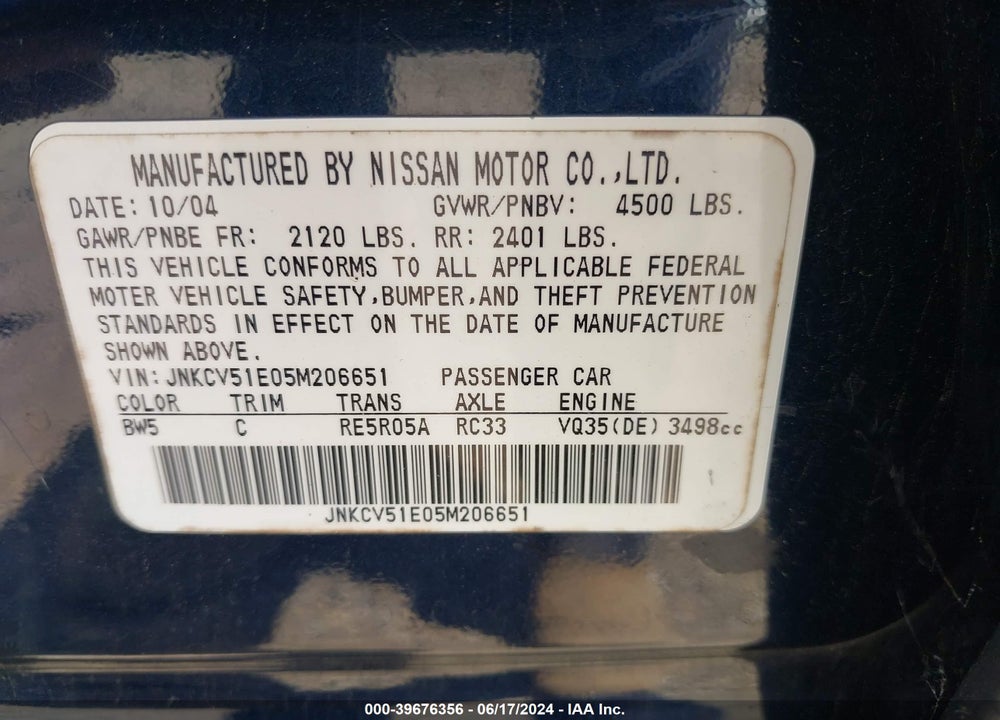 2005 INFINITI G35 VIN: JNKCV51E05M206651