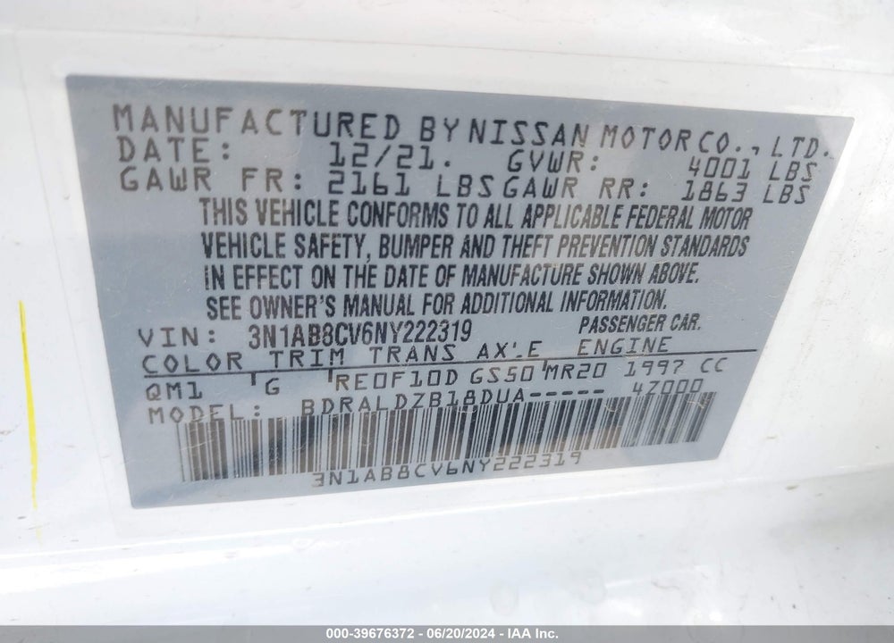 2022 NISSAN SENTRA SV XTRONIC CVT VIN: 3N1AB8CV6NY222319