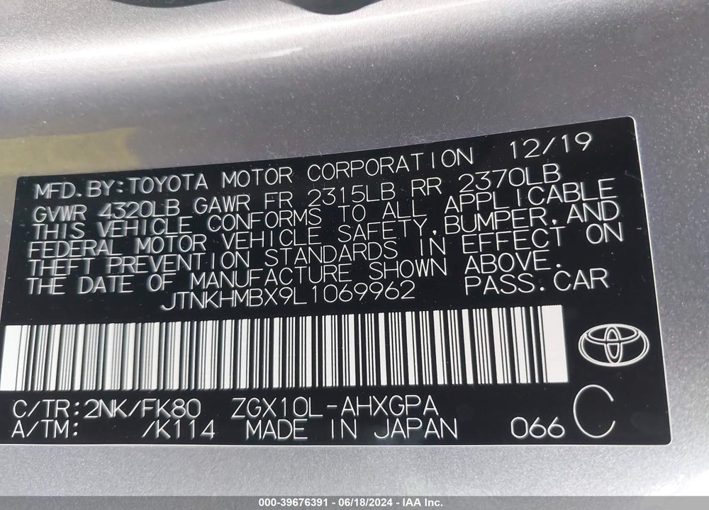 2020 TOYOTA C-HR VIN: JTNKHMBX9L1069962