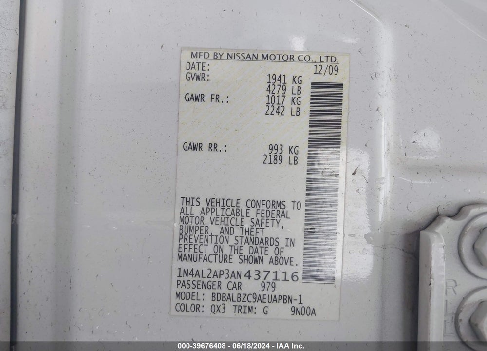 2010 NISSAN ALTIMA 2.5 S VIN: 1N4AL2AP3AN437116