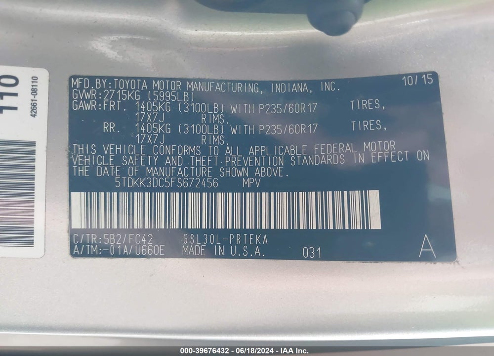 2015 TOYOTA SIENNA LE 8 PASSENGER VIN: 5TDKK3DC5FS672456