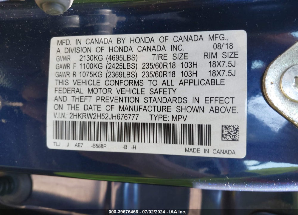 2018 HONDA CR-V EX VIN: 2HKRW2H52JH676777