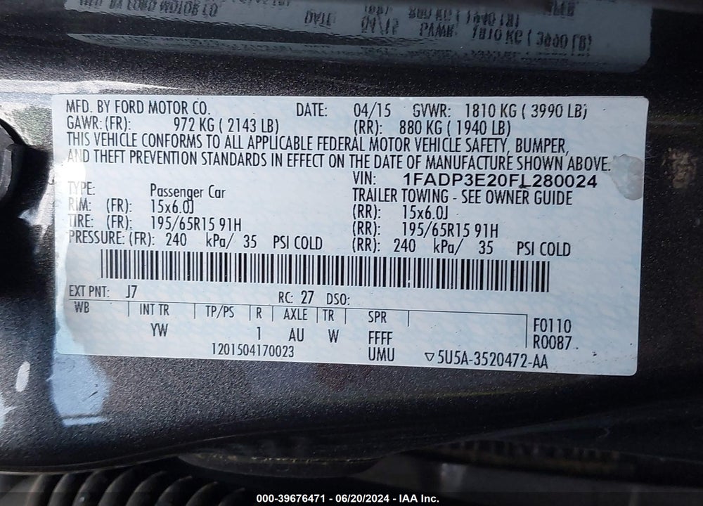 2015 FORD FOCUS S VIN: 1FADP3E20FL280024