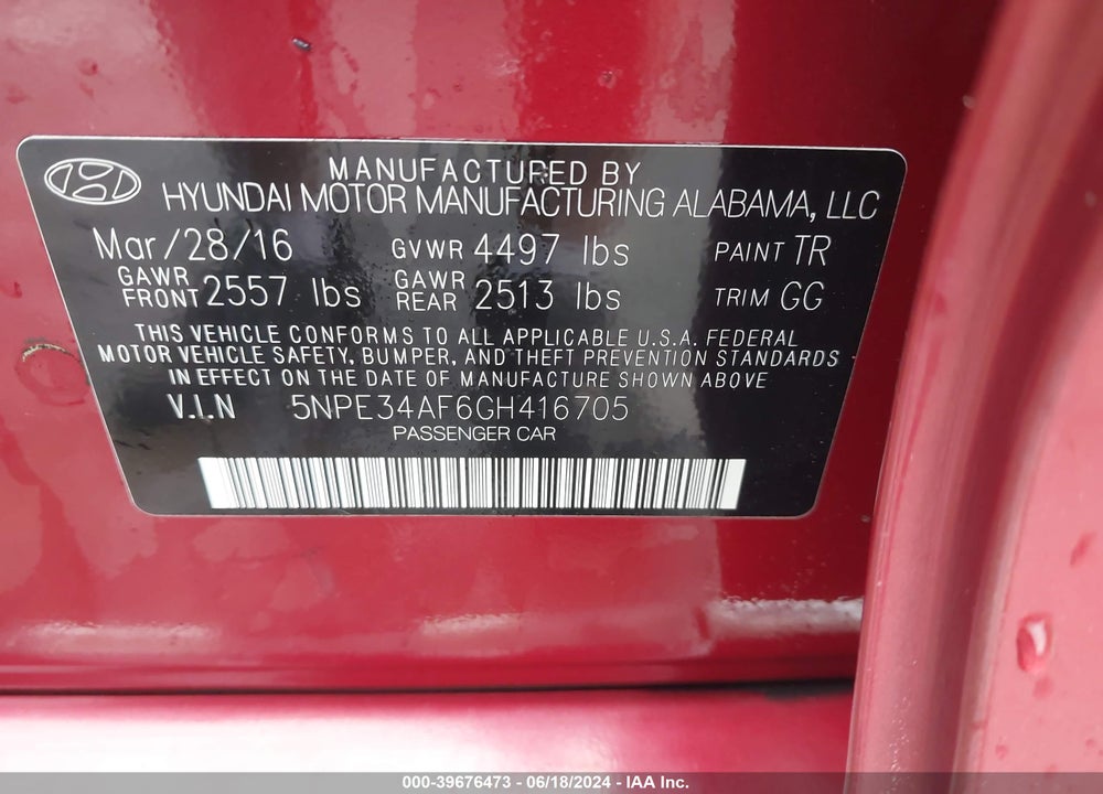 2016 HYUNDAI SONATA SPORT VIN: 5NPE34AF6GH416705