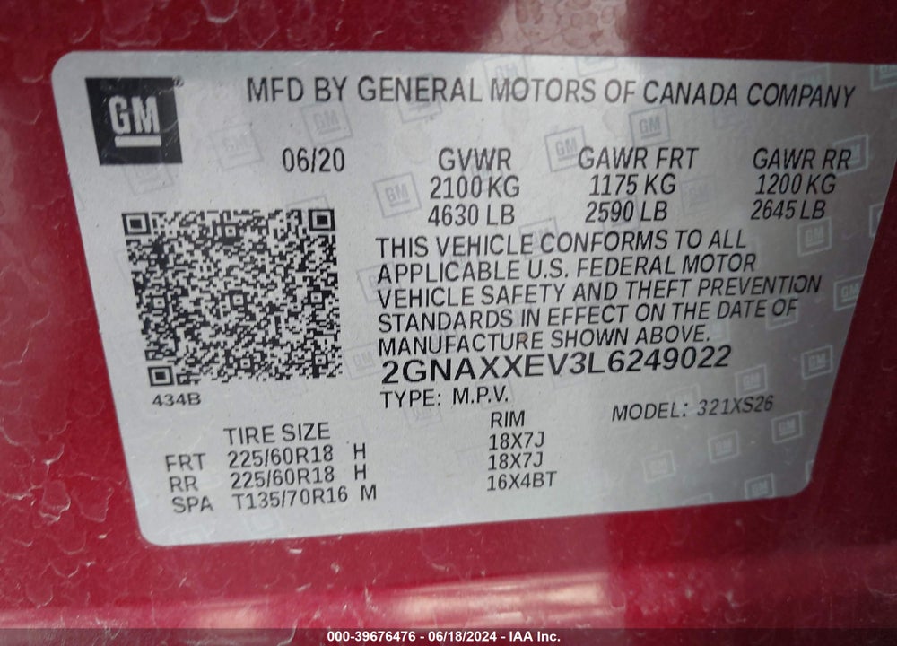 2020 CHEVROLET EQUINOX AWD PREMIER 1.5L TURBO VIN: 2GNAXXEV3L6249022