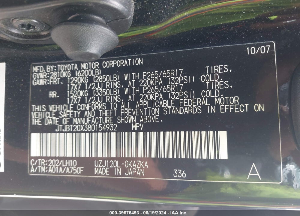 2008 LEXUS GX 470 VIN: JTJBT20X380154932