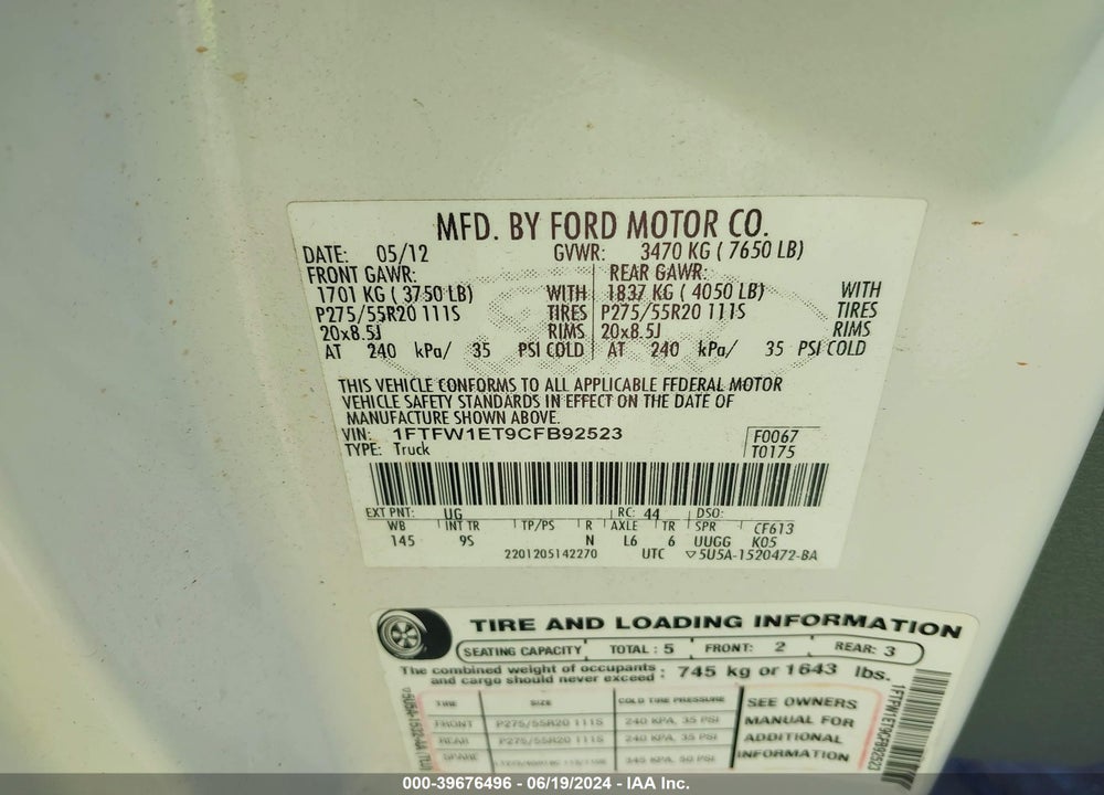 2012 FORD F-150 PLATINUM VIN: 1FTFW1ET9CFB92523