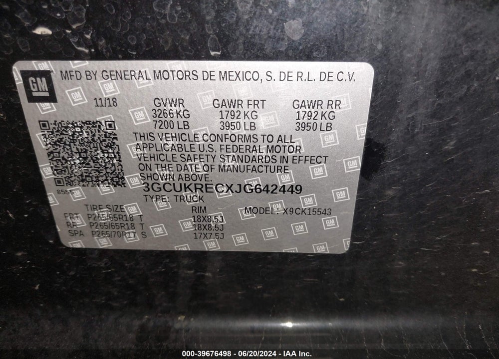 2018 CHEVROLET SILVERADO 1500 2LT VIN: 3GCUKRECXJG642449
