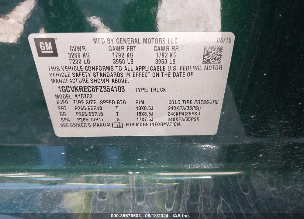 2015 CHEVROLET SILVERADO 1500 VIN: 1GCVKREC8FZ354103