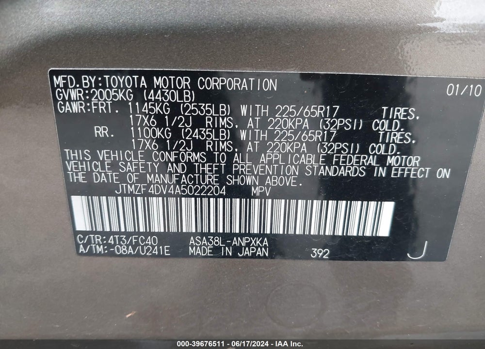 2010 TOYOTA RAV4 VIN: JTMZF4DV4A5022204