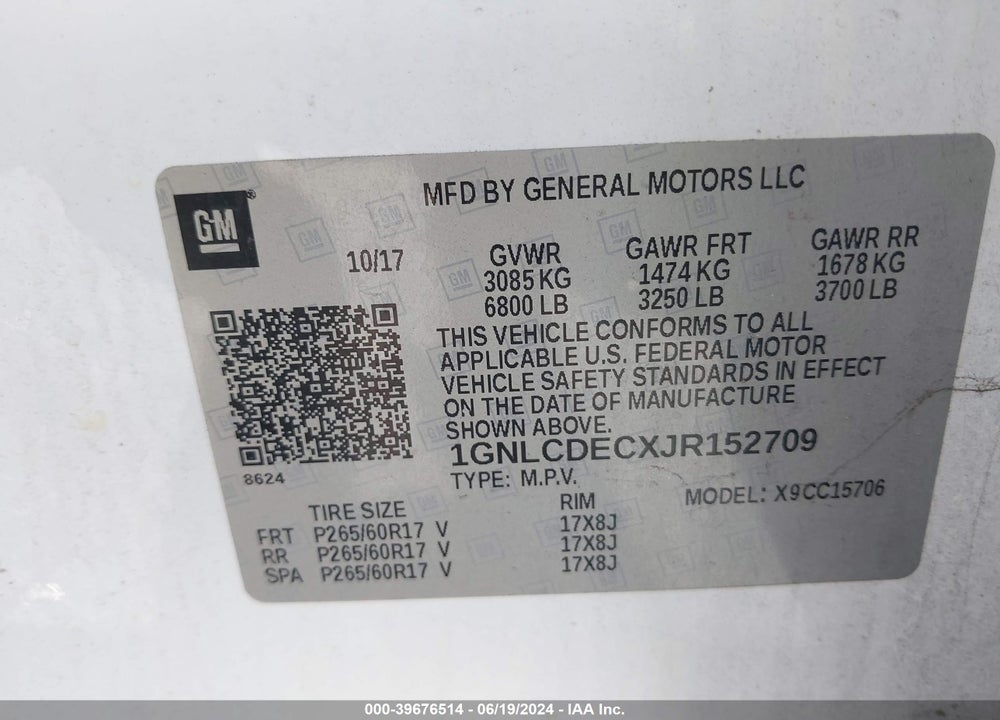 2018 CHEVROLET TAHOE COMMERCIAL VIN: 1GNLCDECXJR152709