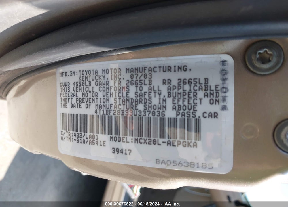 2003 TOYOTA AVALON XLS VIN: 4T1BF28B33U337036