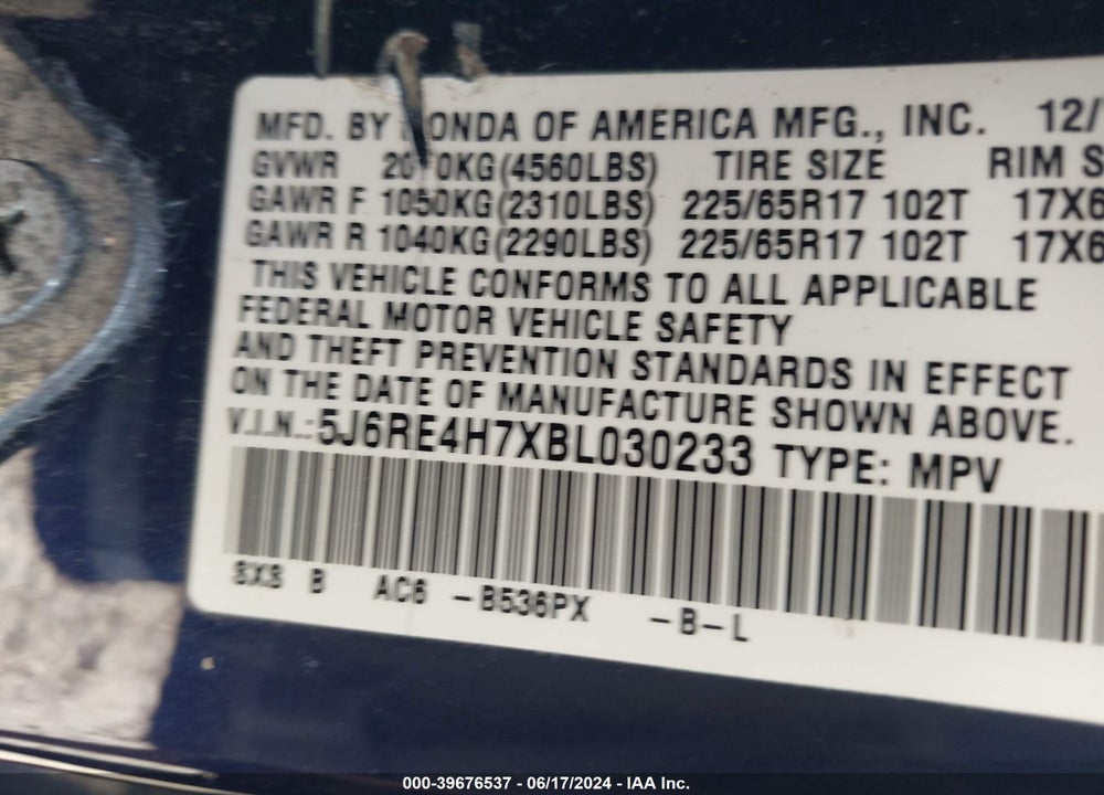 2011 HONDA CR-V EX-L VIN: 5J6RE4H7XBL030233