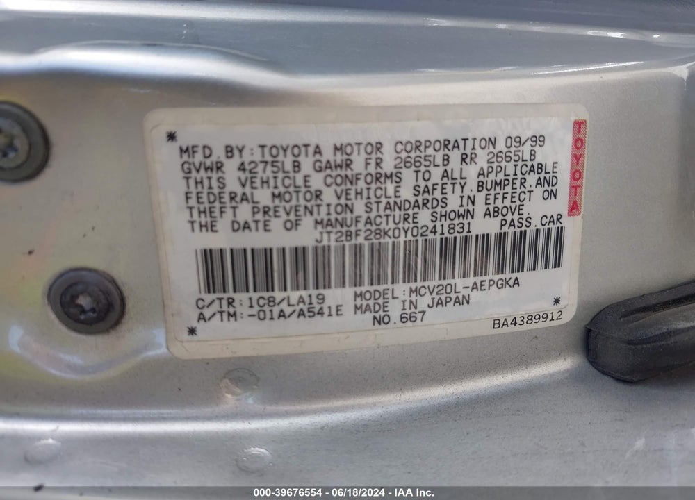 2000 TOYOTA CAMRY XLE V6 VIN: JT2BF28K0Y0241831