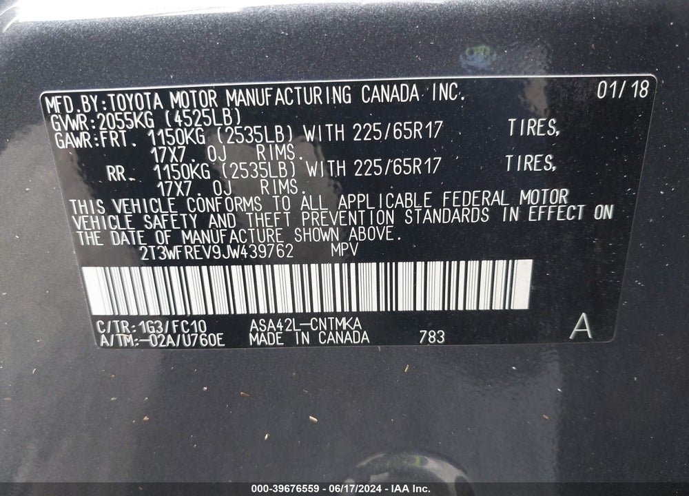 2018 TOYOTA RAV4 XLE VIN: 2T3WFREV9JW439762