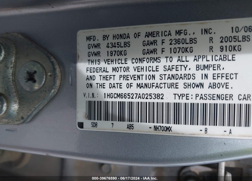 2007 HONDA ACCORD 3.0 EX VIN: 1HGCM66527A025382
