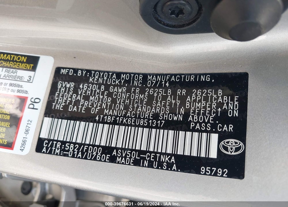 2014 TOYOTA CAMRY LE VIN: 4T1BF1FK6EU851317