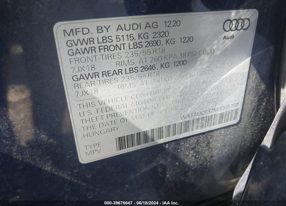 2021 AUDI Q3 PREMIUM 40 TFSI QUATTRO TIPTRONIC VIN: WA1AUCF32M1065759