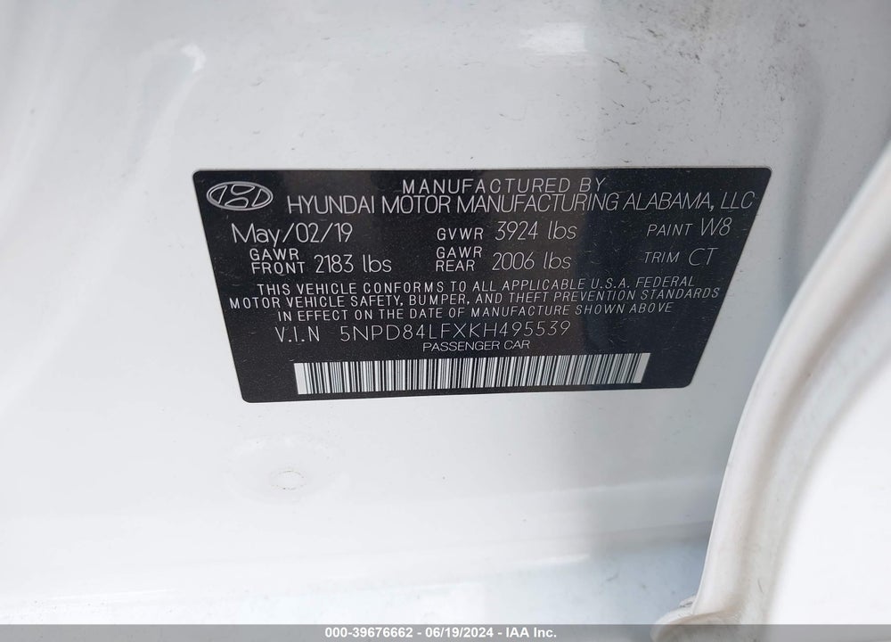2019 HYUNDAI ELANTRA SEL VIN: 5NPD84LFXKH495539