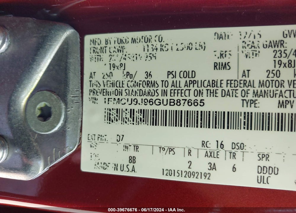 2016 FORD ESCAPE VIN: 1FMCU9J96GUB87665