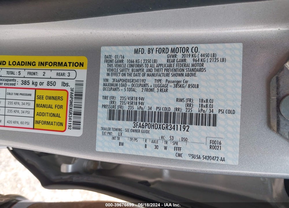 2016 FORD FUSION SE VIN: 3FA6P0HDXGR341192